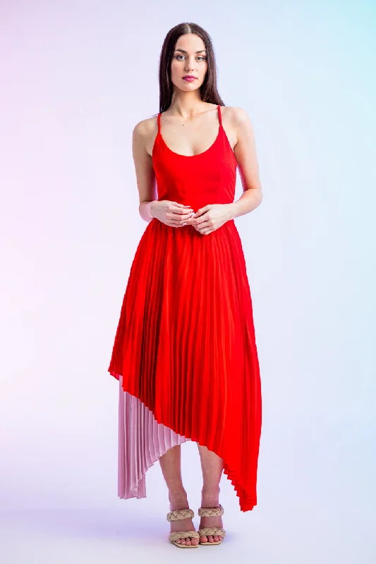 Raine Split Colour Pleated Dress Red