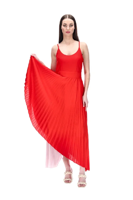 Raine Split Colour Pleated Dress Red