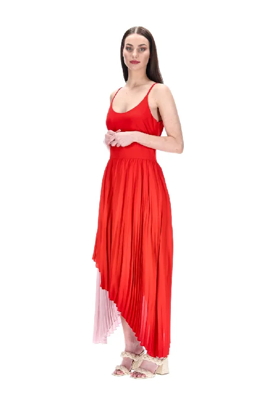 Raine Split Colour Pleated Dress Red