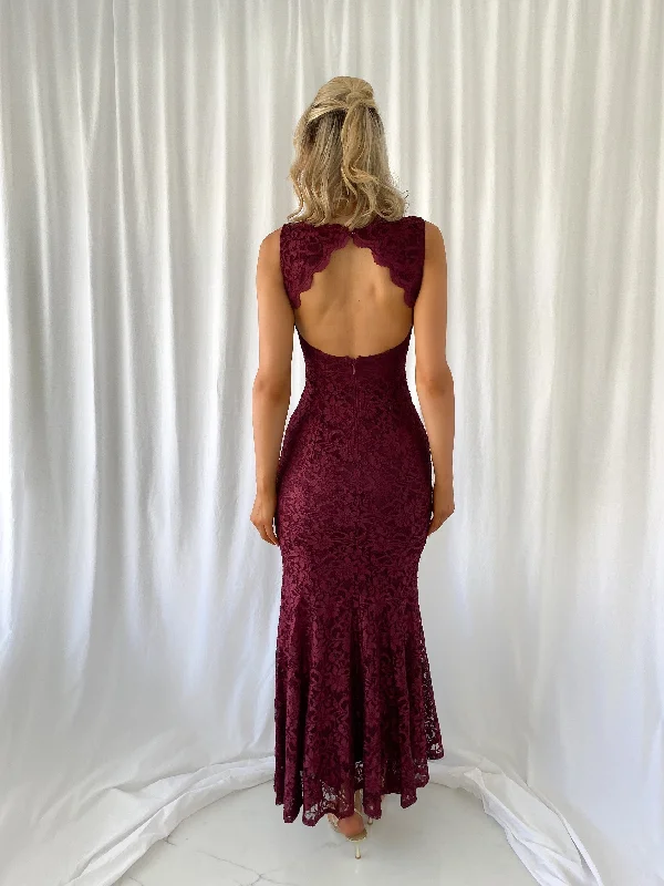 Raquel Embroidered Open Back Dress - Wine