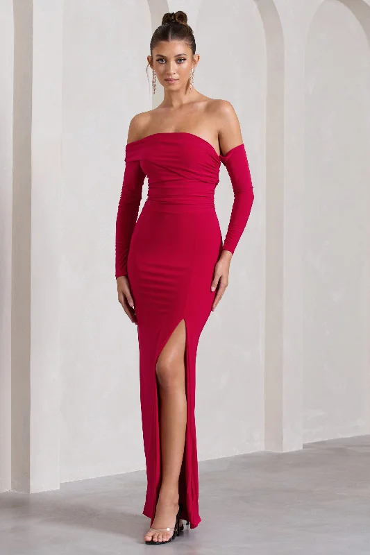 Stand Out | Red Bardot Long Sleeve Ruched Maxi With Side Split