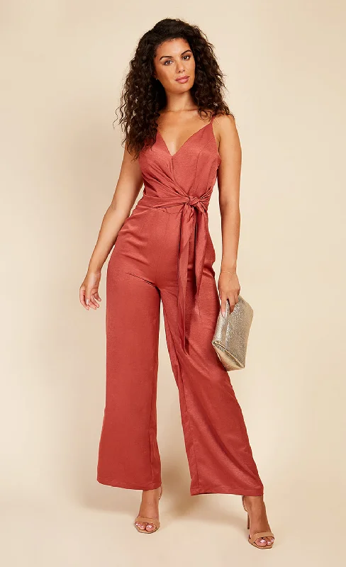 Rust Satin Asymmetric Neck Jumpsuit