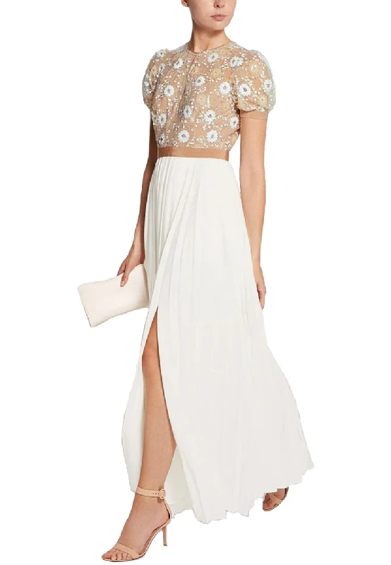 Nude Floral Sequins White Chiffon Maxi Dress