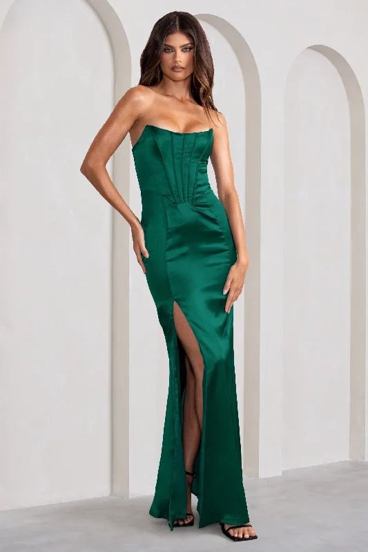 Sensual Notes | Bottle Green Satin Strapless Corset Thigh Split Fishtail Maxi Dress