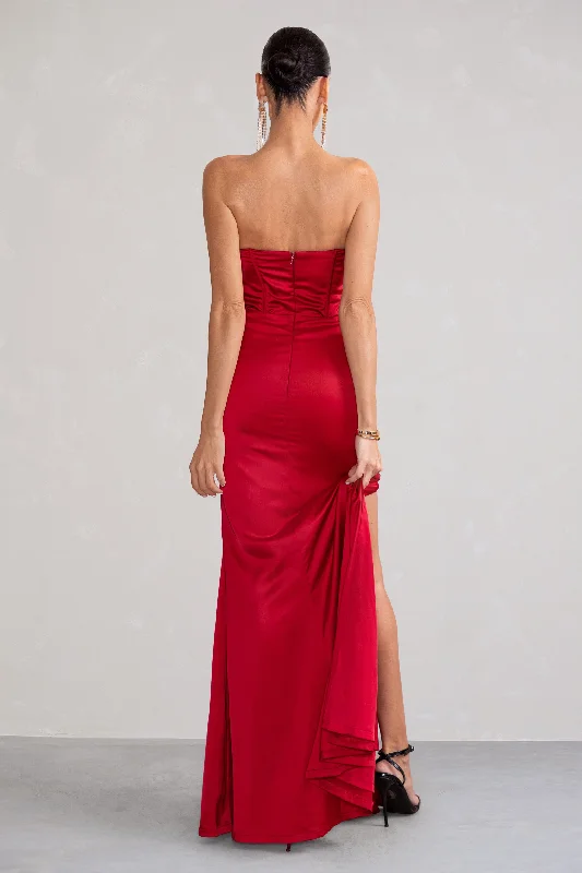 Sensual Notes | Red Satin Strapless Corset Thigh Split Fishtail Maxi Dress