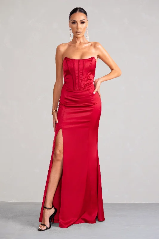 Sensual Notes | Red Satin Strapless Corset Thigh Split Fishtail Maxi Dress