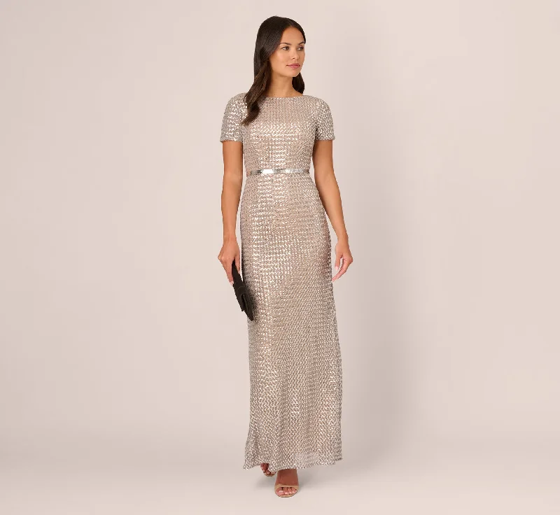 Sequin Short Sleeve Column Gown With Embellished Waist In Silver Nude