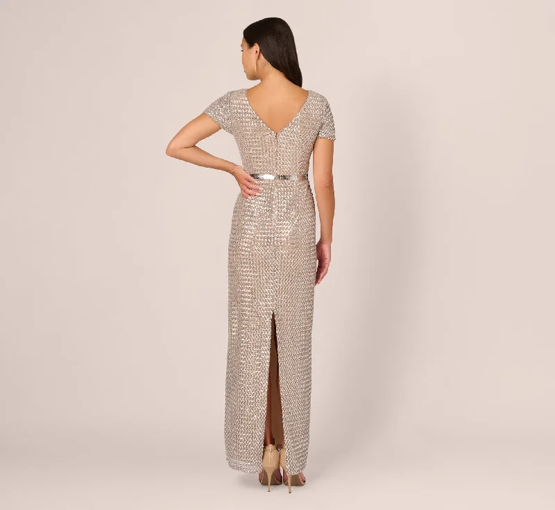 Sequin Short Sleeve Column Gown With Embellished Waist In Silver Nude