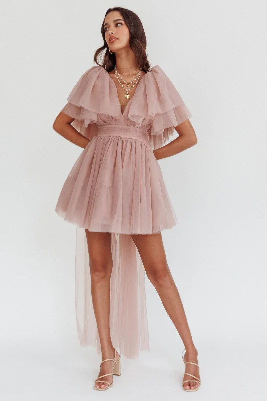 Star Power Tulle Train Mini Dress Blush