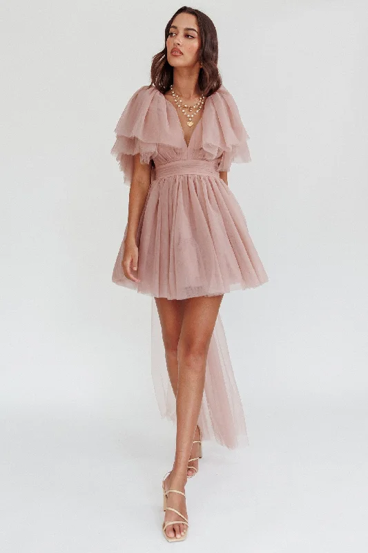 Star Power Tulle Train Mini Dress Blush