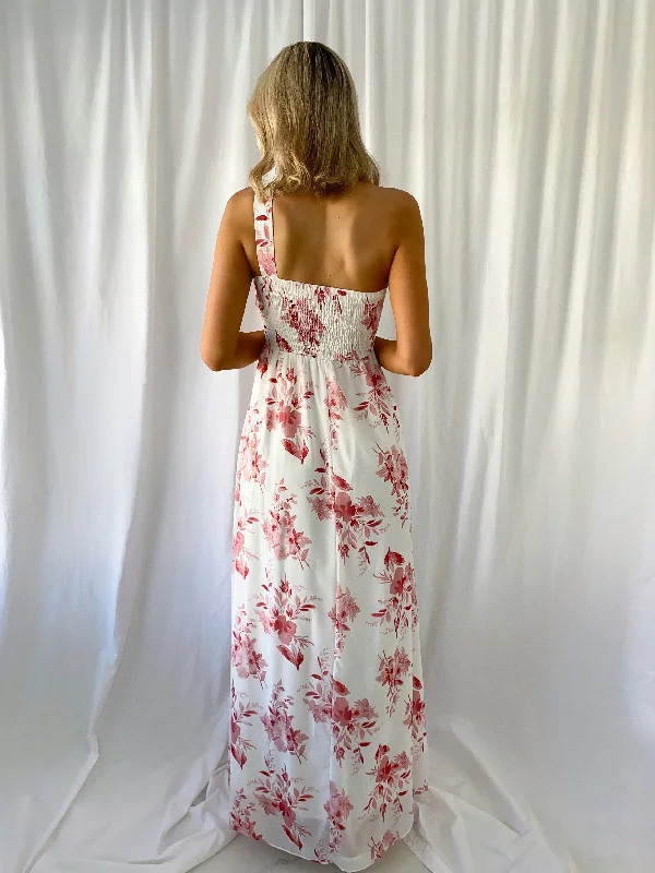 Stephanie One Shoulder Draped Top Floral Dress - Pink