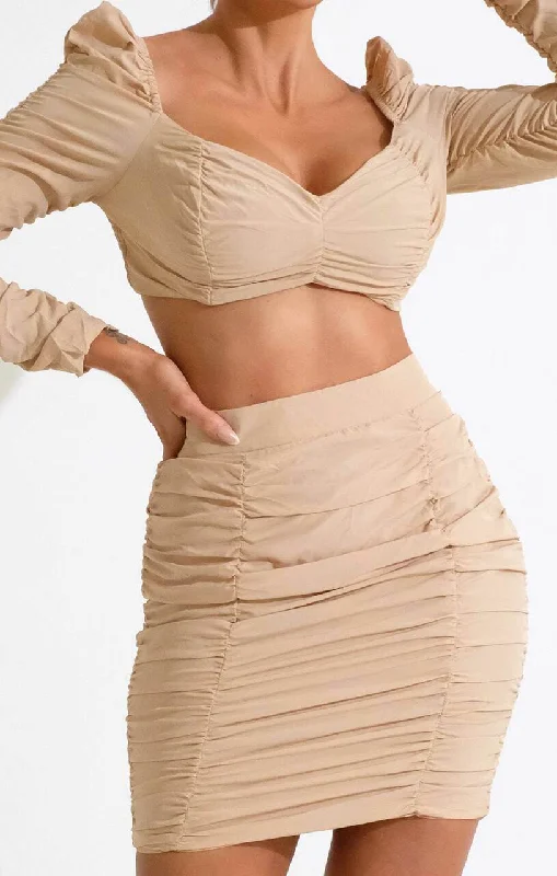 Stone Ruched Long Sleeve V Neck Crop Top & Ruched Bodycon Mini Skirt Co-Ord - Mae