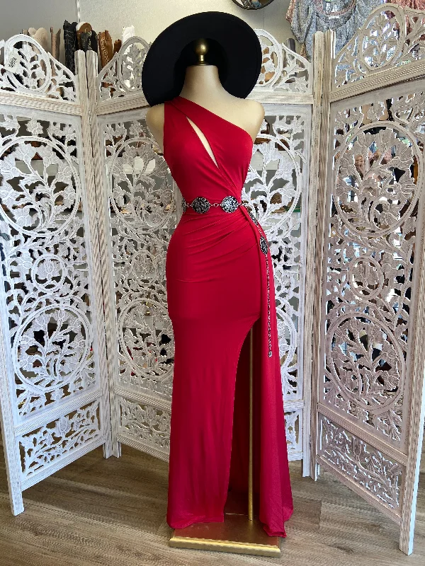 Red Cutout Draped along Dress