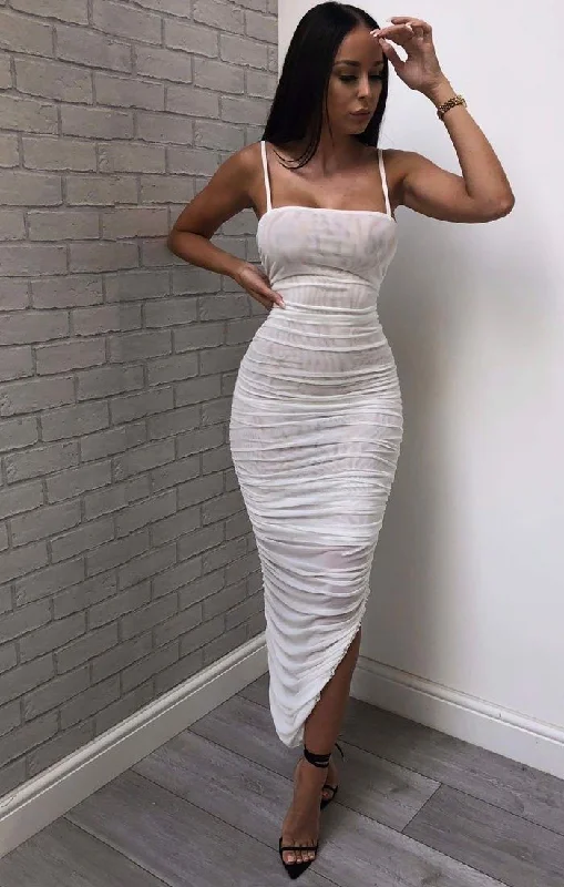 White Slinky Ruched Split Leg Mesh Maxi Dress - Mariah