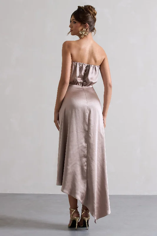 Willa | Taupe Satin Bandeau Maxi Dress With Asymmetric Hem