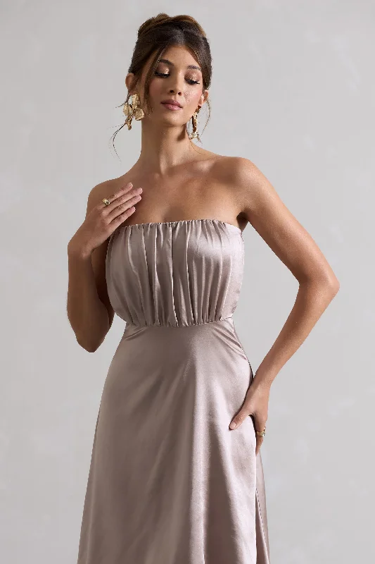 Willa | Taupe Satin Bandeau Maxi Dress With Asymmetric Hem