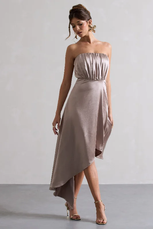 Willa | Taupe Satin Bandeau Maxi Dress With Asymmetric Hem