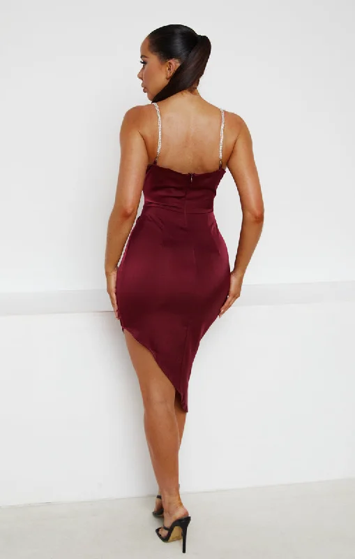 Wine Satin Plunge Diamante Detail Strappy Asymmetric Bodycon Midi Dress - Pamela