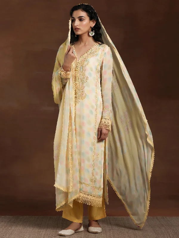 Yellow Embroidered Organza Straight Suit With Dupatta