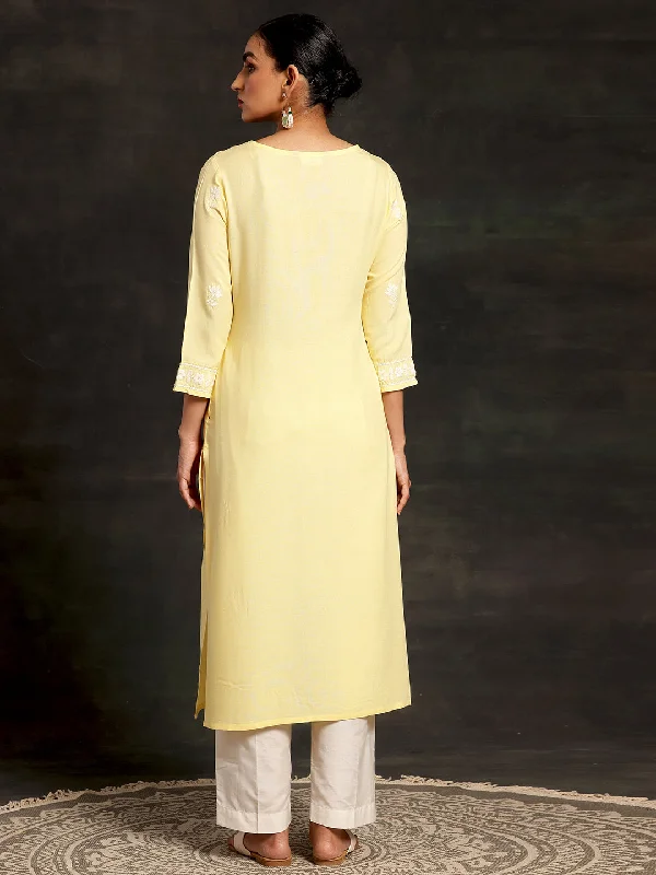 Yellow Embroidered Rayon Straight Kurta