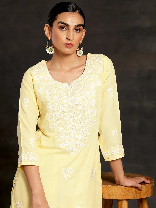 Yellow Embroidered Rayon Straight Kurta