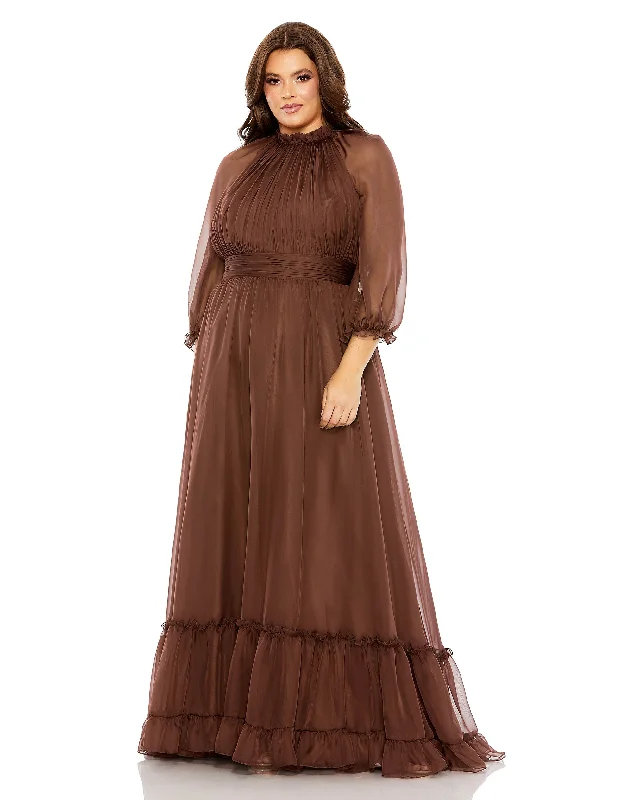 High Neck Puff Sleeve Tiered A Line Gown