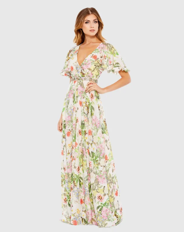 Floral Print Faux Wrap Flutter Sleeve A Line Gown