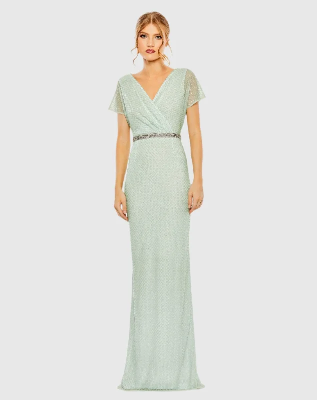 Short Sleeve Beaded V-Neck Gown