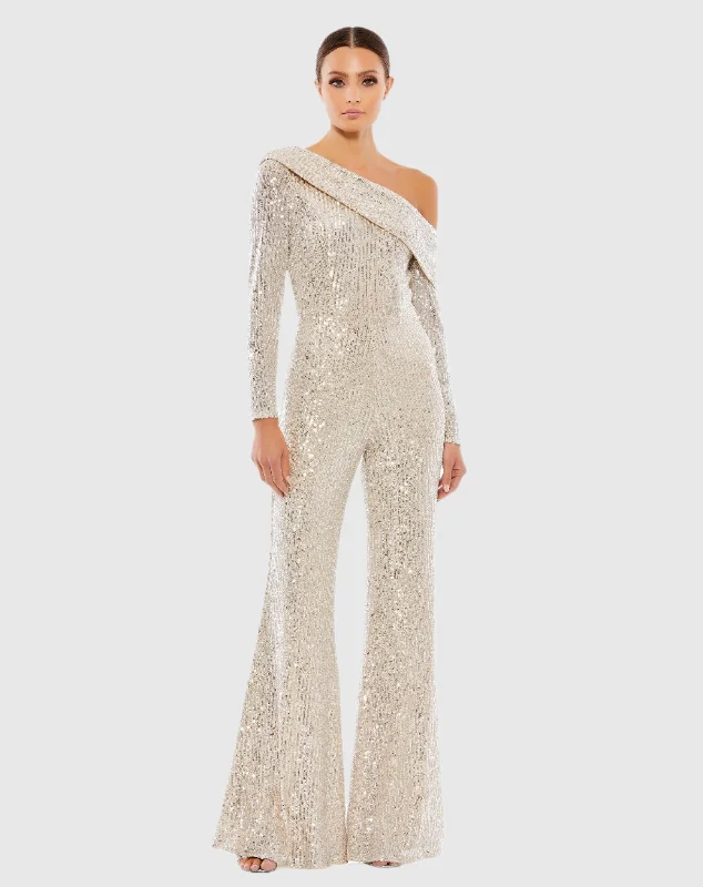 Sequined Drop Shoulder Long Sleeve Jumpsuit