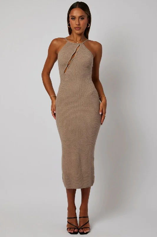 Beige Knit Dress Sleeveless Cut Out