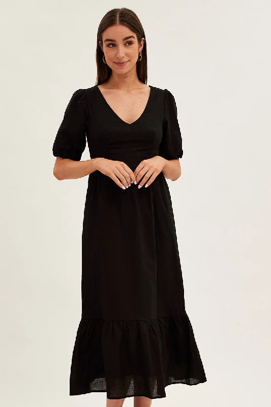 Black Maxi Dress V-Neck Short Sleeve Cotton Blend