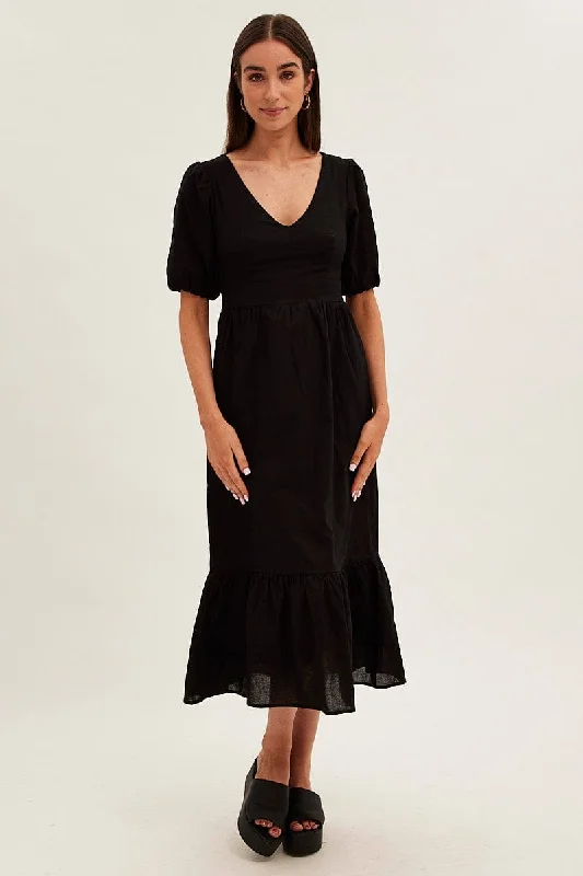 Black Maxi Dress V-Neck Short Sleeve Cotton Blend