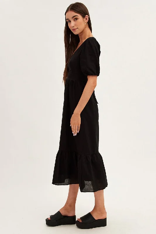 Black Maxi Dress V-Neck Short Sleeve Cotton Blend