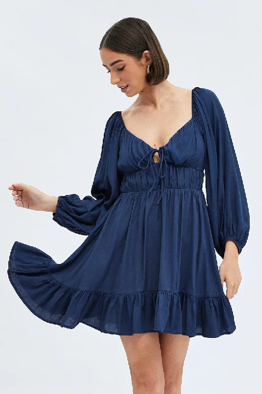 Blue Fit and Flare Dress Long Sleeve Cut Out