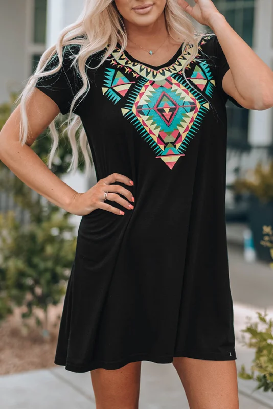 Boho Ethnic Print Short Sleeve Mini Dress