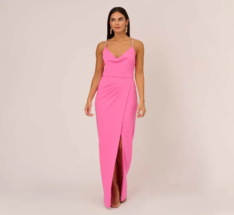 Cowl Neck Column Gown With Draped Details In Pink Parfait