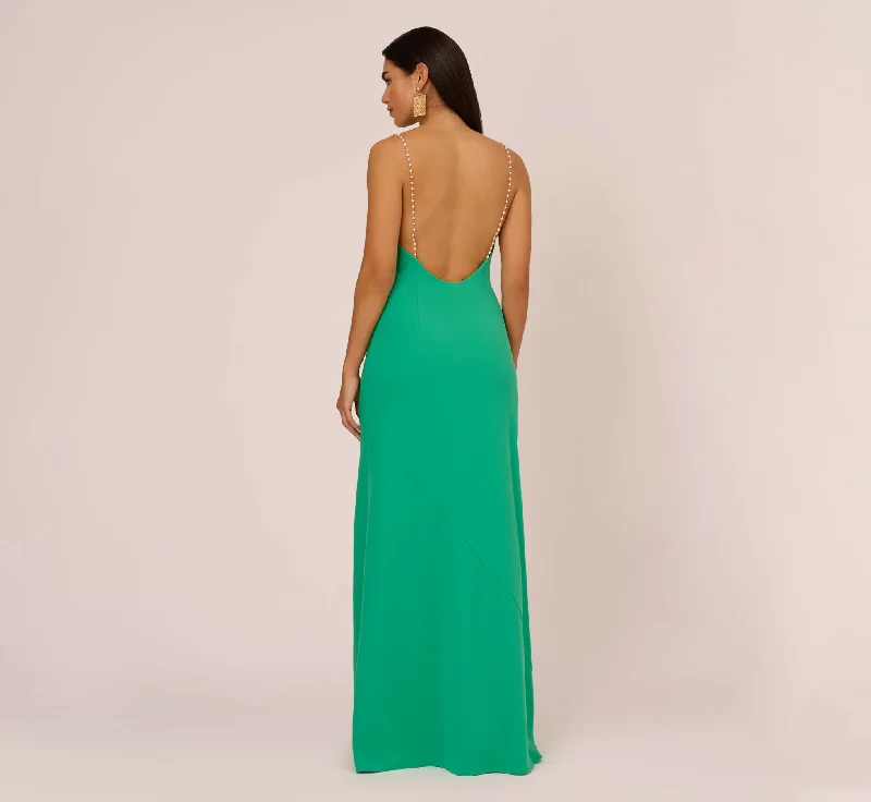 Cowl Neck Crepe Column Gown With Pearl Straps In Summer Green