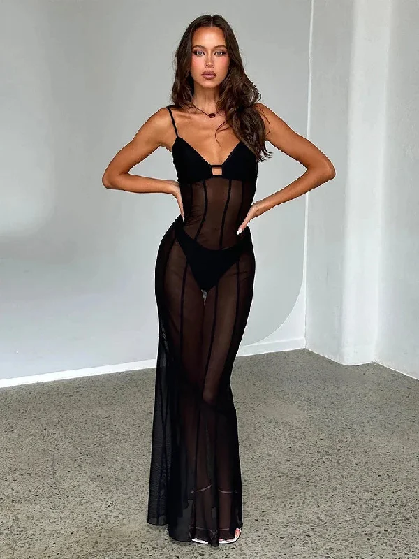 Perspective Mesh Spaghetti Strap Slim Bodycon Elegant Long Spring Summer Maxi Dress