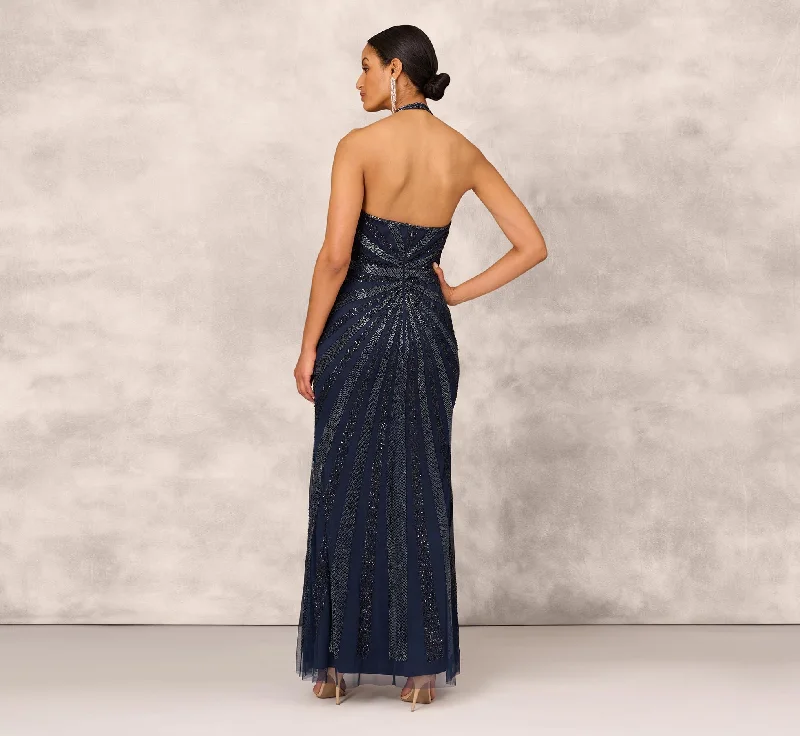 Dazzling Beaded Halter Gown With Deep V-Neckline In Navy