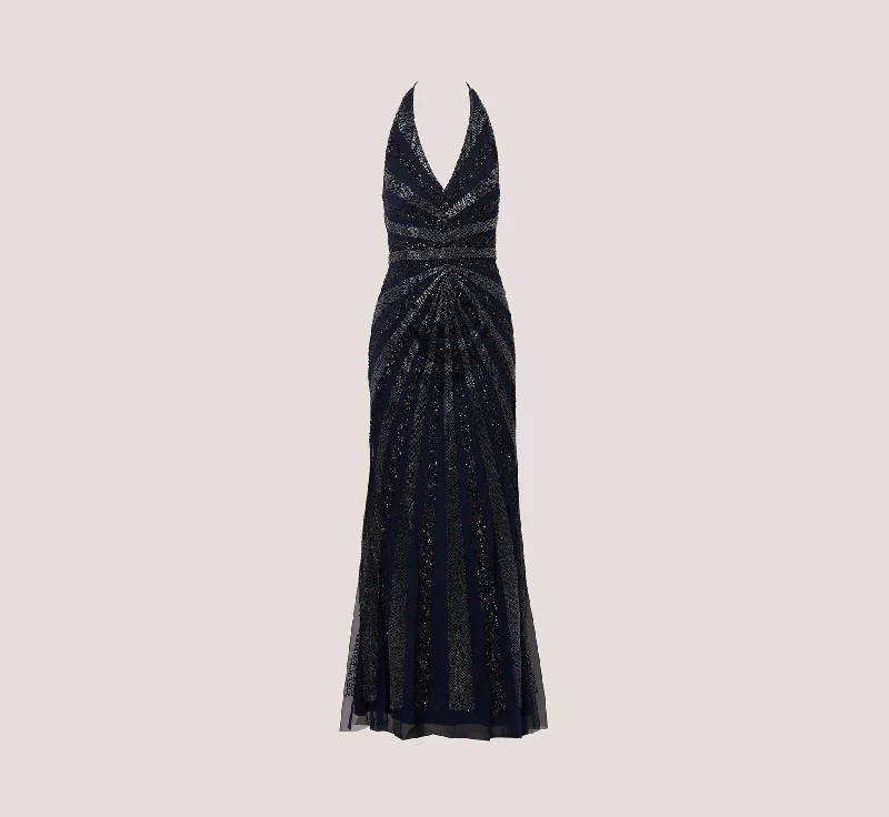 Dazzling Beaded Halter Gown With Deep V-Neckline In Navy