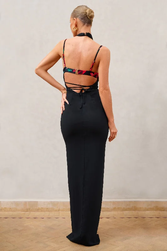 Depths | Black Halter Neck Chiffon Split Maxi Dress With Waist Straps