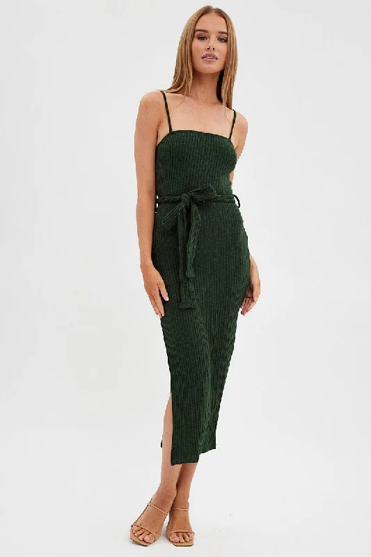 Green Maxi Dress Bodycon Tie Belted Rib