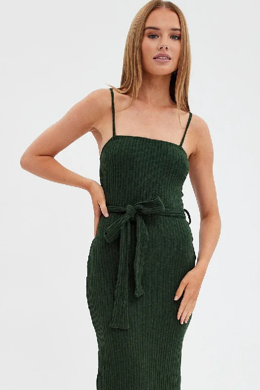 Green Maxi Dress Bodycon Tie Belted Rib