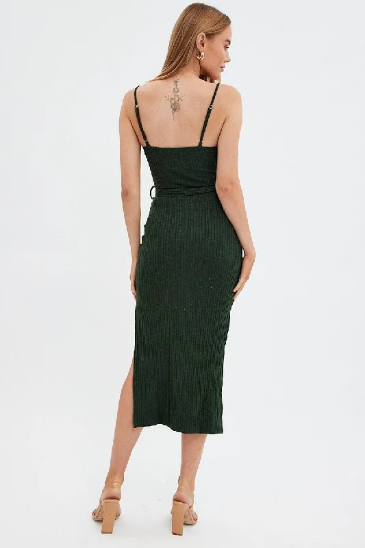 Green Maxi Dress Bodycon Tie Belted Rib