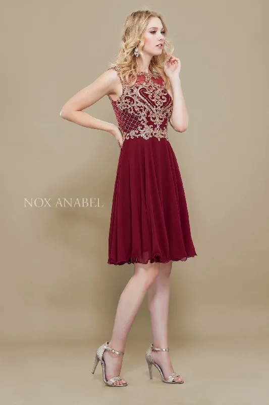 ILLUSION GILDED LACE APPLIQUE A-LINE SHORT SKIRT PROM DRESS 6321 BY NARIANNA