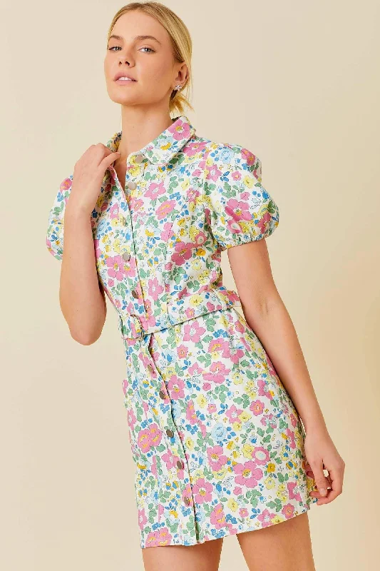 Floral printed Short Sleeve Denim Dress