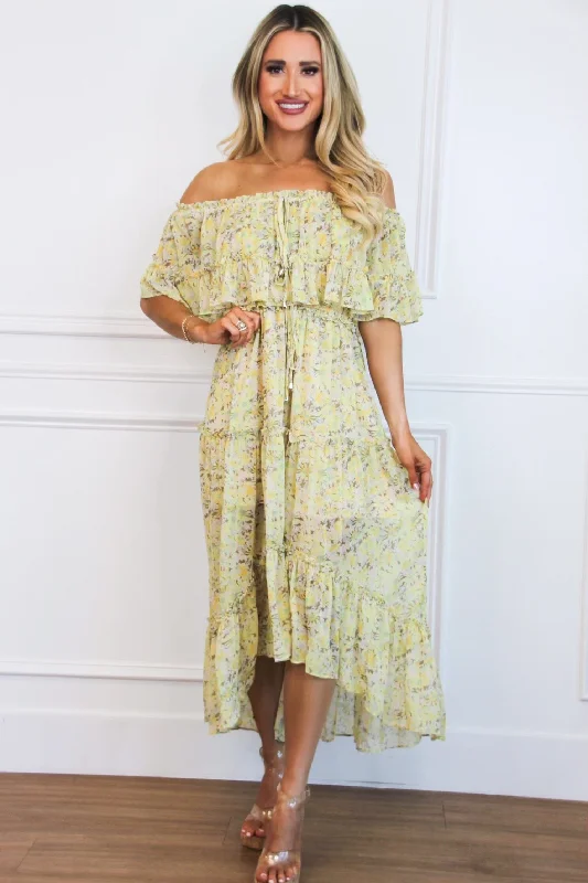 Maisie Off Shoulder Floral Midi Dress: Yellow Multi