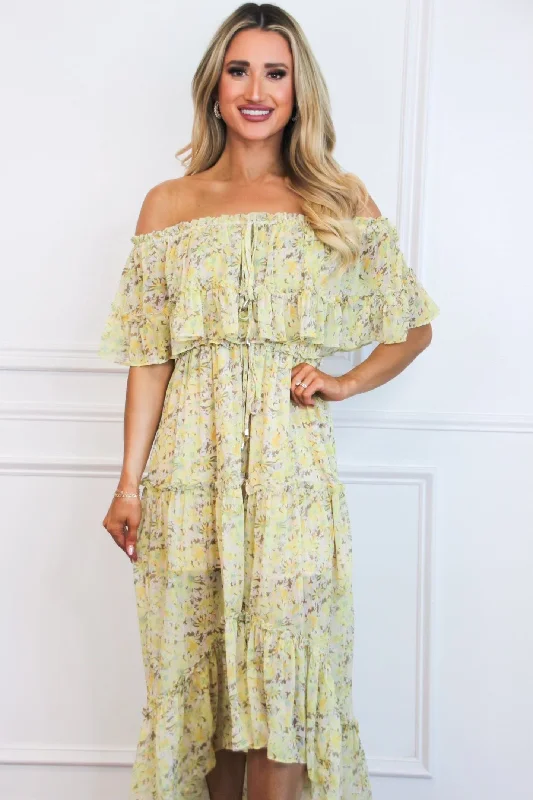 Maisie Off Shoulder Floral Midi Dress: Yellow Multi