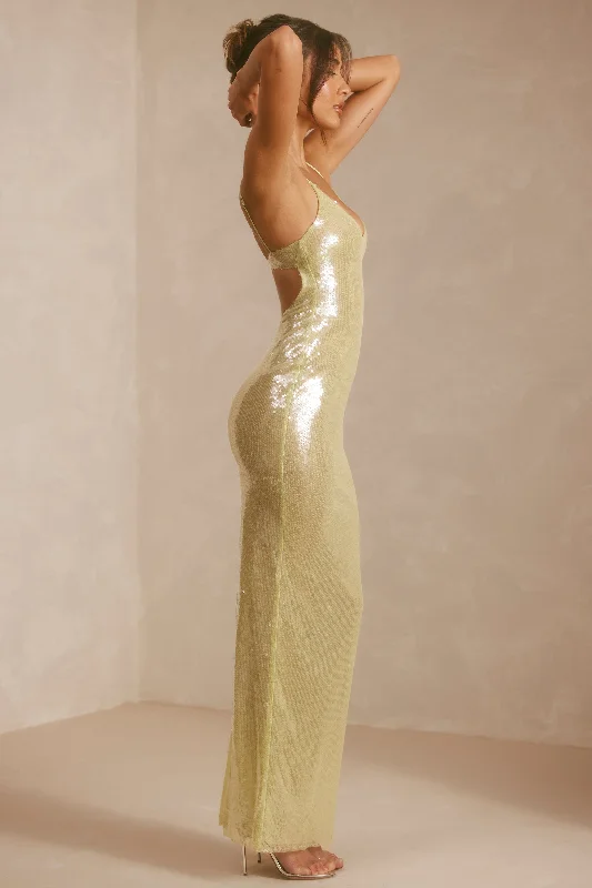 Sheer Sequin V-Neck Cut Out Back Evening Gown in Pistachio