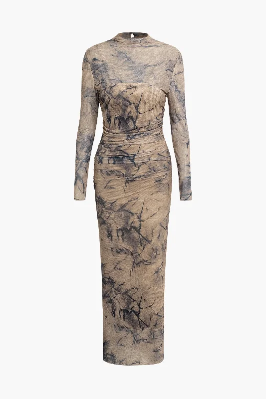 Abstract Print Mock Neck Mesh Ruched Long Sleeve Maxi Dress